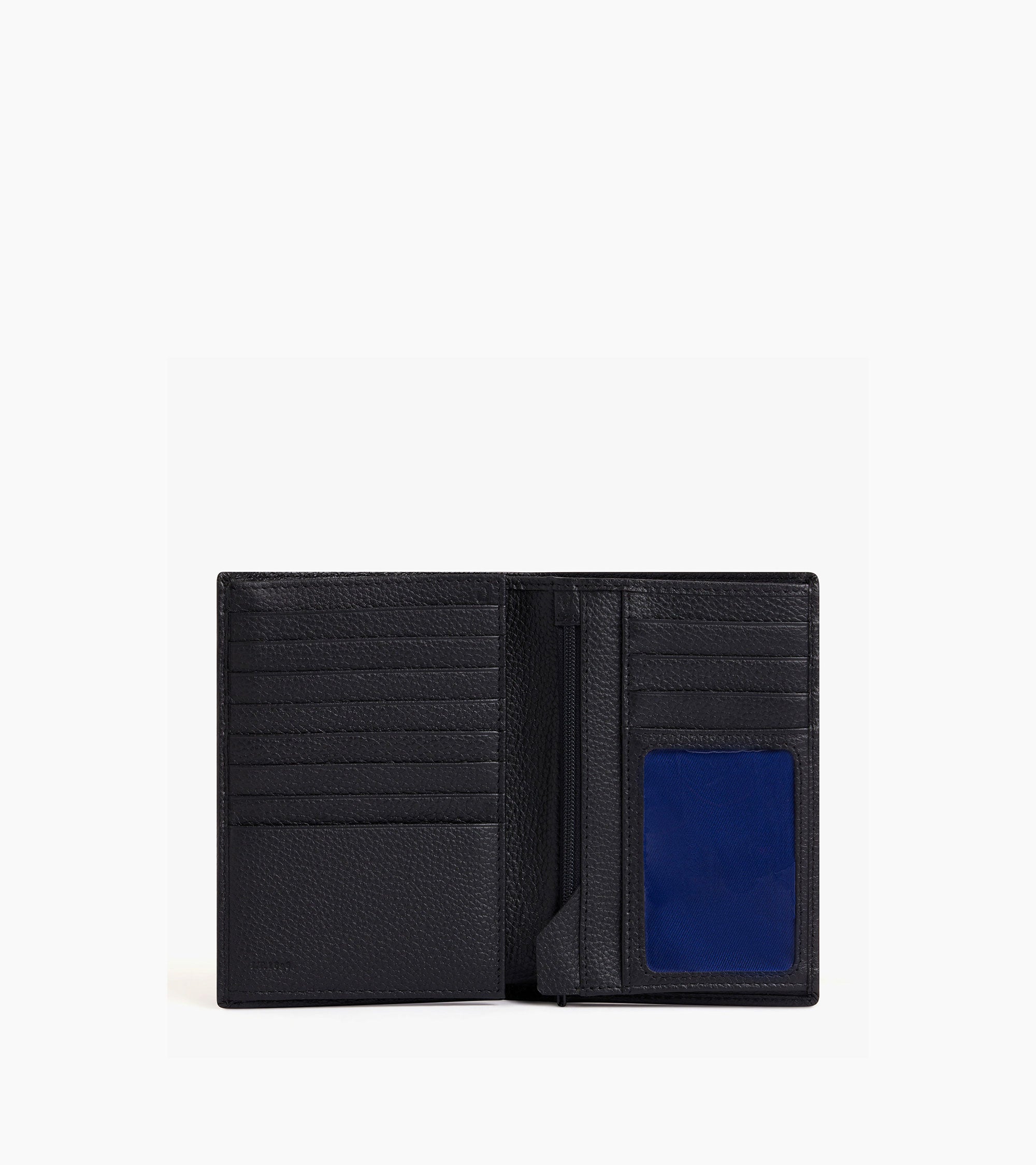 large, vertical, zipped wallet with 2 gussets in grained leather