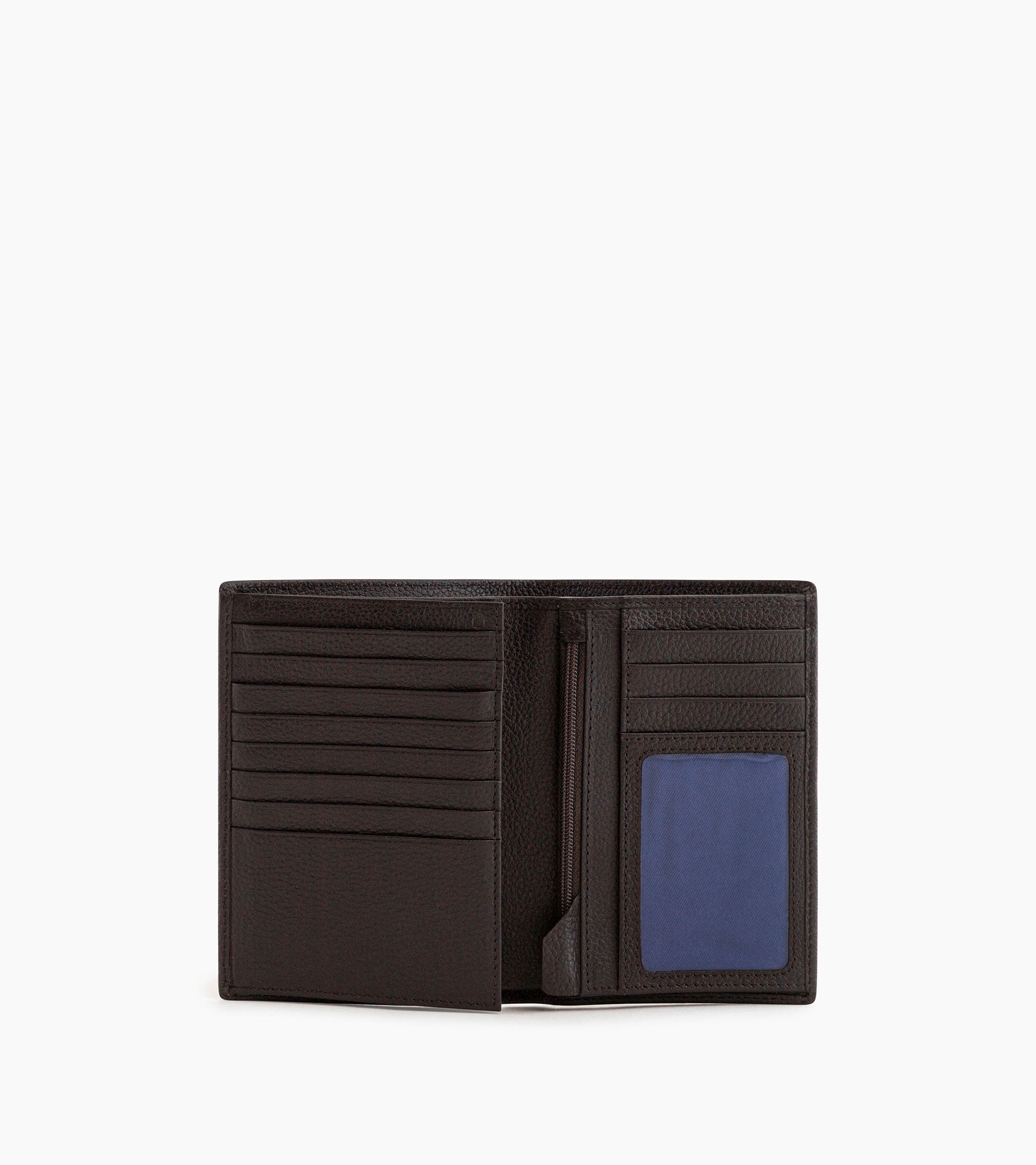 large, vertical, zipped wallet with 2 gussets in grained leather